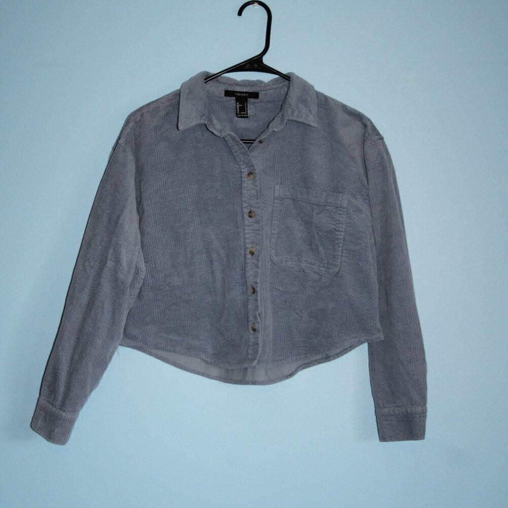 Forever 21 Cropped Blue Wide Rail Corduroy Button Up Shirt 100% Cotton Sz Small